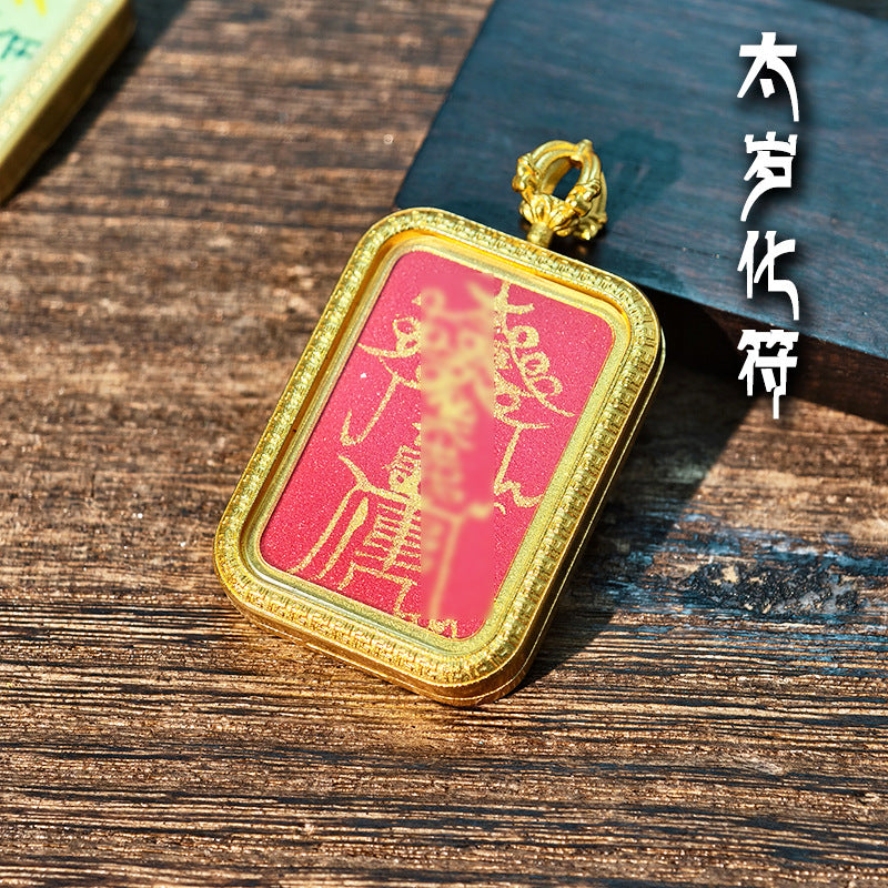 Purely Hand-Painted Regong Tibetan-Style Yellow Jambhala Mantra Cinnabar Painted Thangka Necklace Pendant