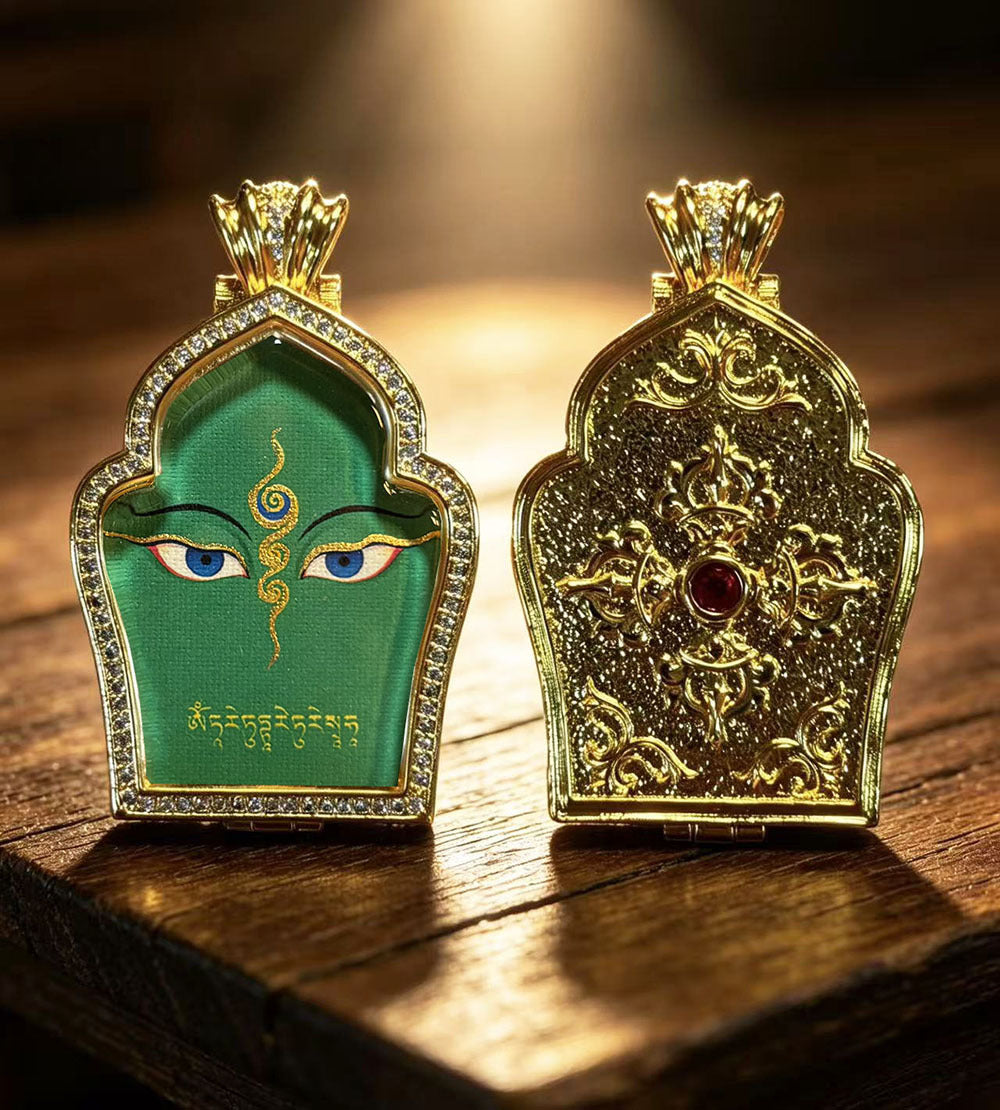 Hand-painted Gilded Green Tara and Blue Manjushri Thangka Ghavu Box Pendant Necklace, Unisex