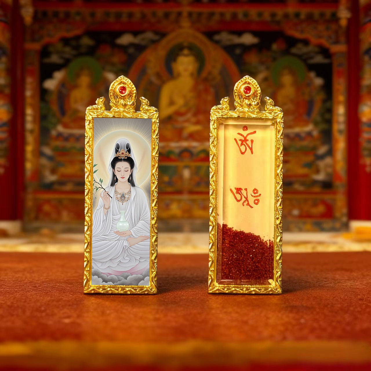 Green Tara Zhala Ram Fox Immortal Magic Double Deer Double-Sided Copper Gold-Plated Thangka Gahu Box