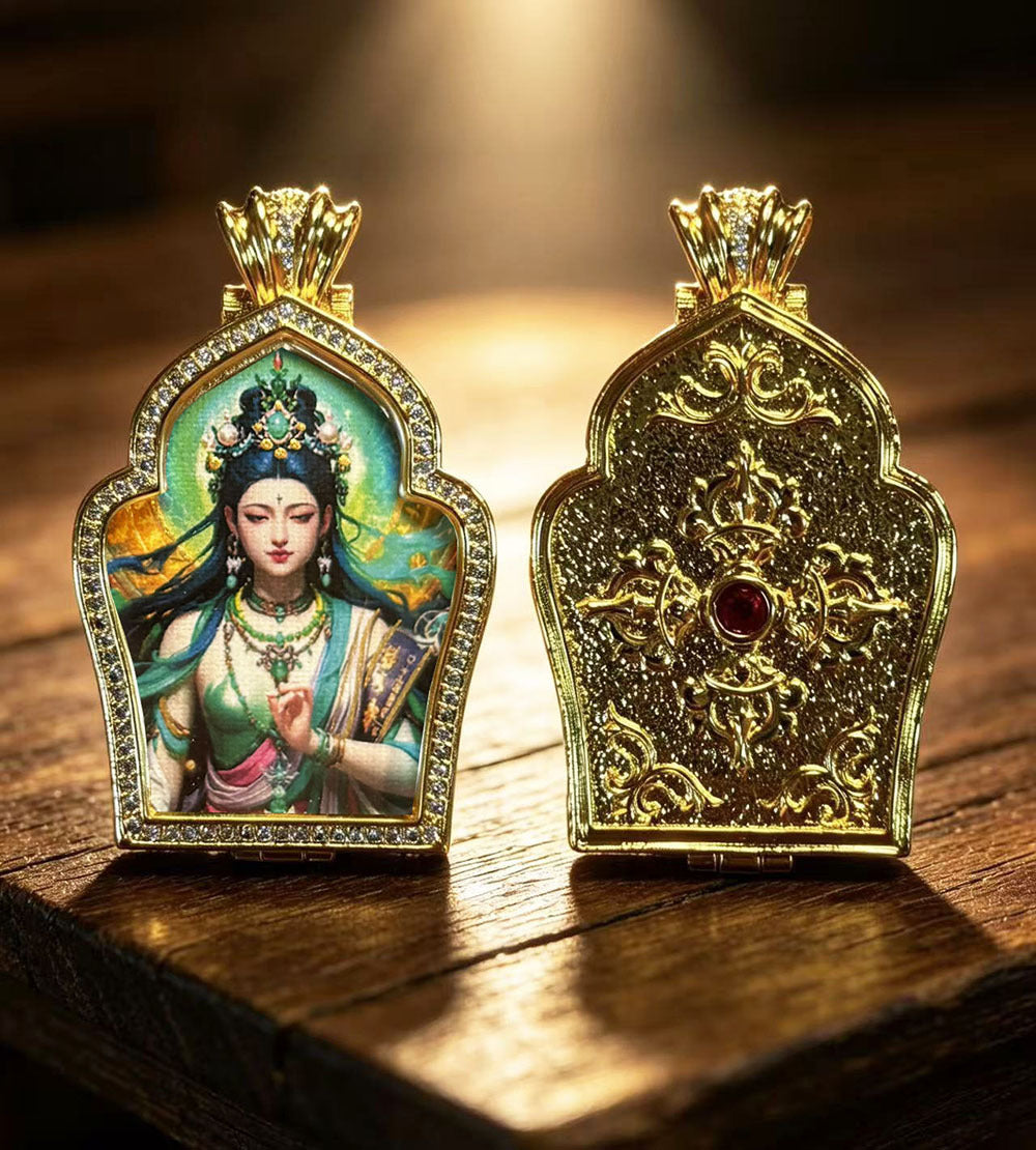 Hand-painted Gilded Green Tara and Blue Manjushri Thangka Ghavu Box Pendant Necklace, Unisex
