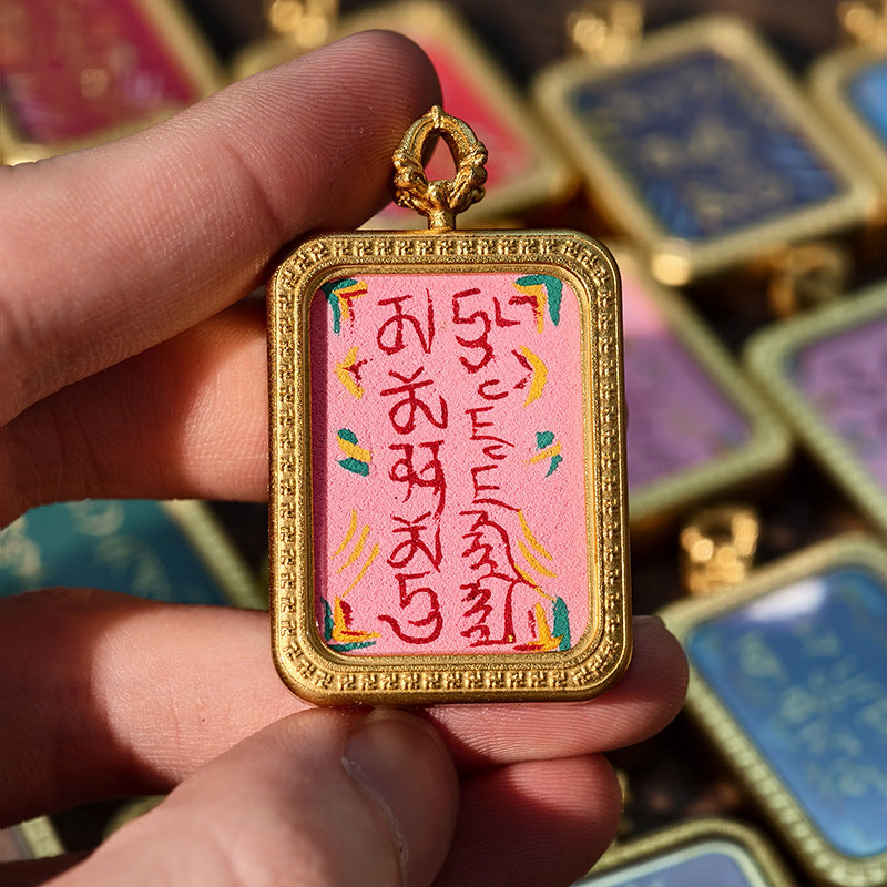 Purely Hand-Painted Regong Tibetan-Style Yellow Jambhala Mantra Cinnabar Painted Thangka Necklace Pendant