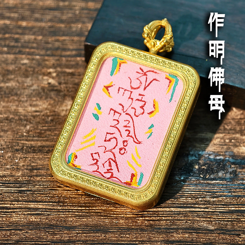 Purely Hand-Painted Regong Tibetan-Style Yellow Jambhala Mantra Cinnabar Painted Thangka Necklace Pendant