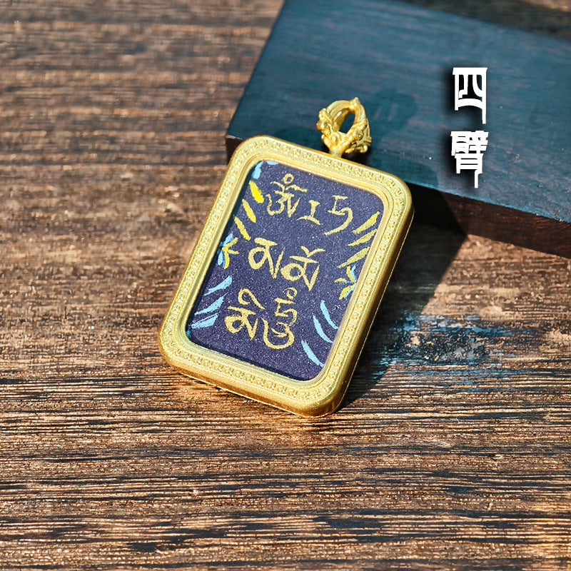 Purely Hand-Painted Regong Tibetan-Style Yellow Jambhala Mantra Cinnabar Painted Thangka Necklace Pendant