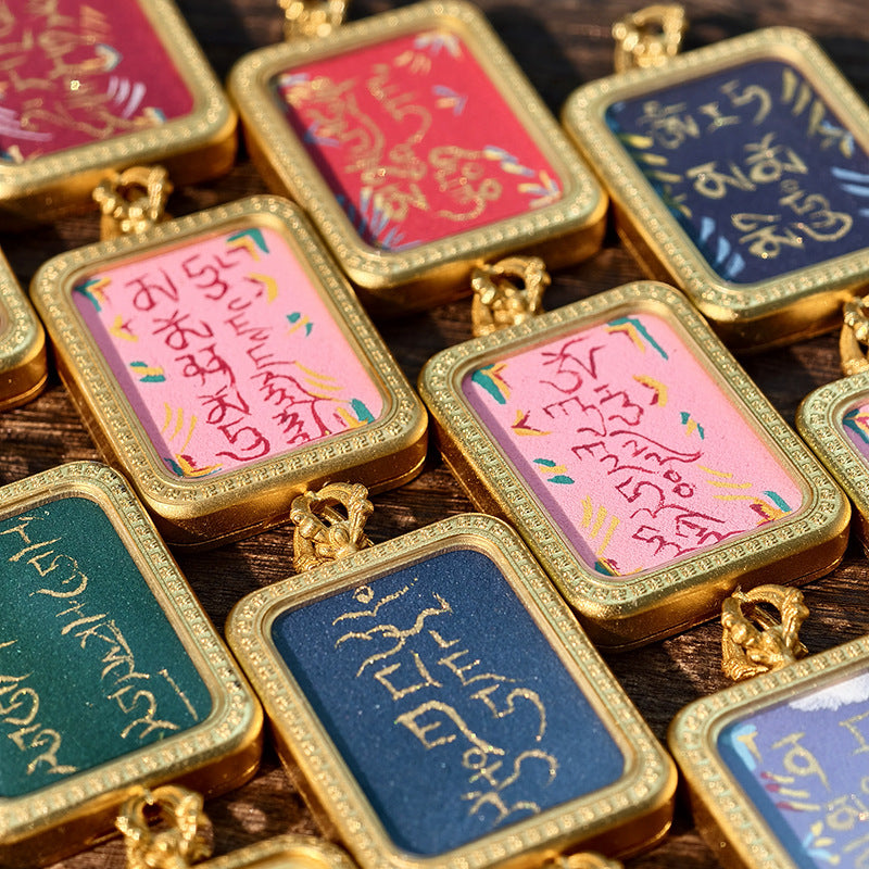 Purely Hand-Painted Regong Tibetan-Style Yellow Jambhala Mantra Cinnabar Painted Thangka Necklace Pendant
