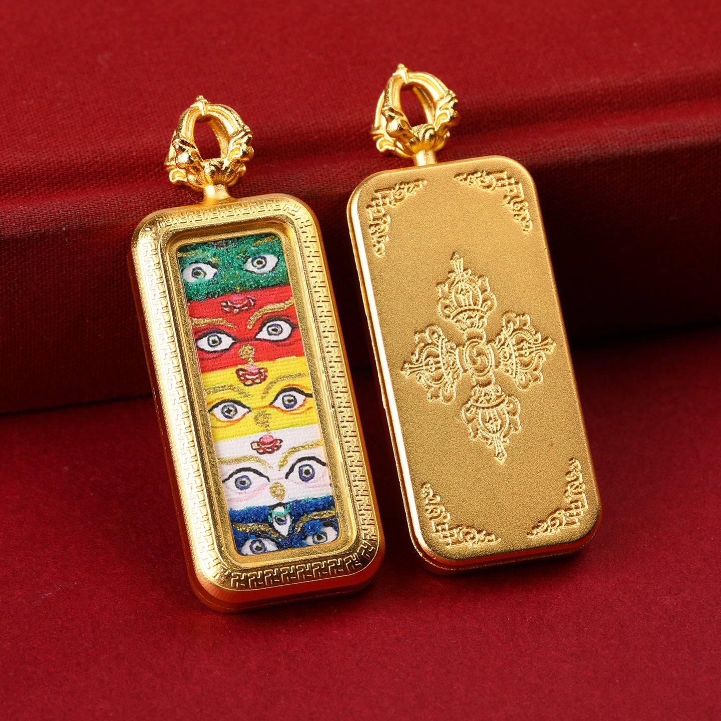 Mini Thangka Semi Hand-Painted Gold-Plated Zaki Lam Five-Directional Wealth Gods Dharma Eye Bencai Buddha Small Rectangle Thangka Box Pendant