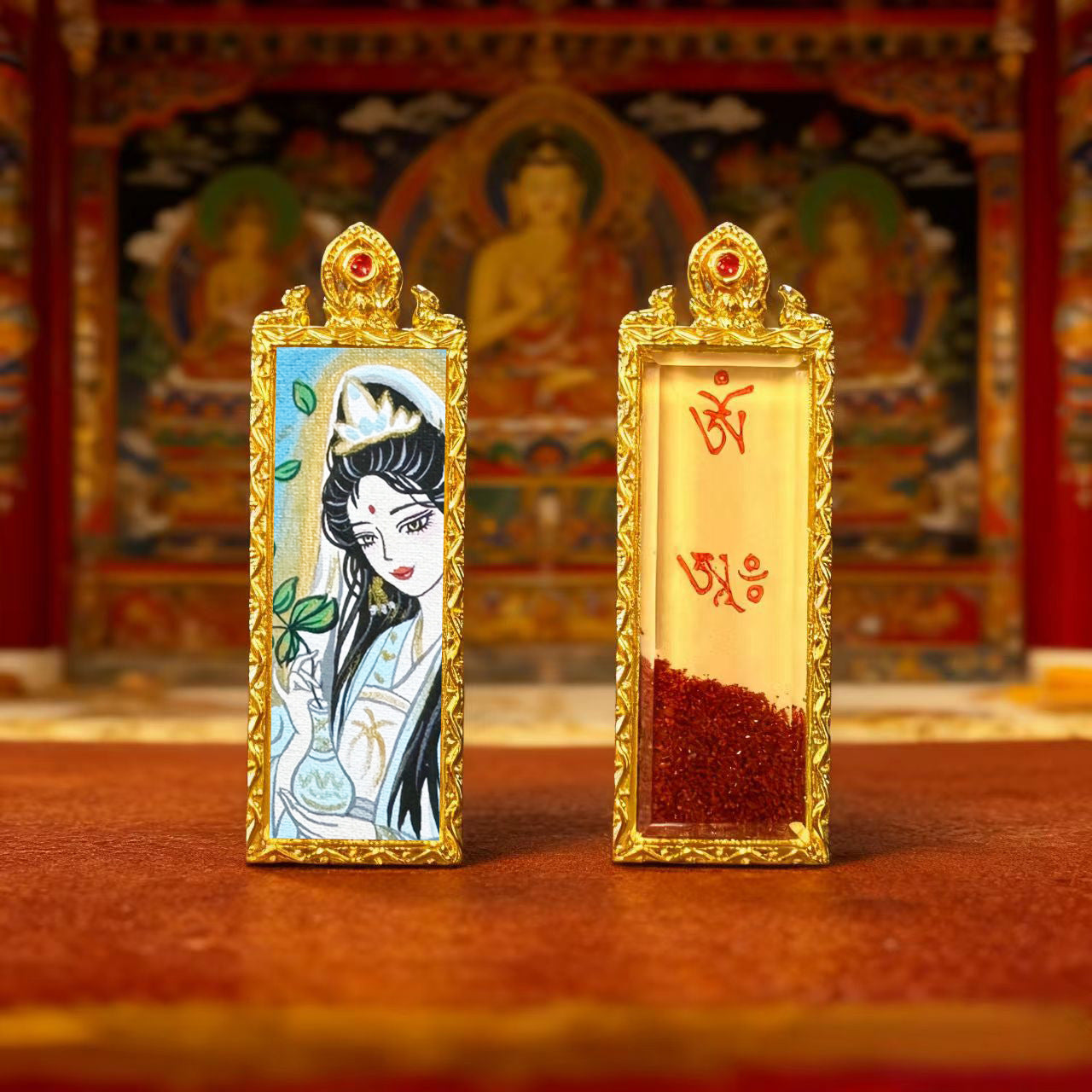Green Tara Zhala Ram Fox Immortal Magic Double Deer Double-Sided Copper Gold-Plated Thangka Gahu Box