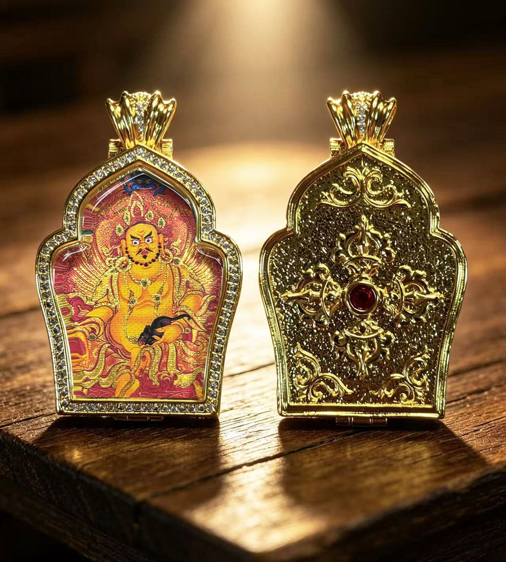 Hand-painted Gilded Green Tara and Blue Manjushri Thangka Ghavu Box Pendant Necklace, Unisex