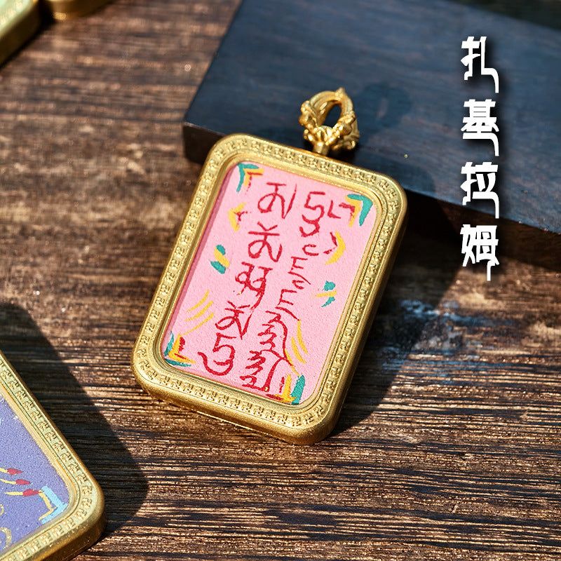 Purely Hand-Painted Regong Tibetan-Style Yellow Jambhala Mantra Cinnabar Painted Thangka Necklace Pendant