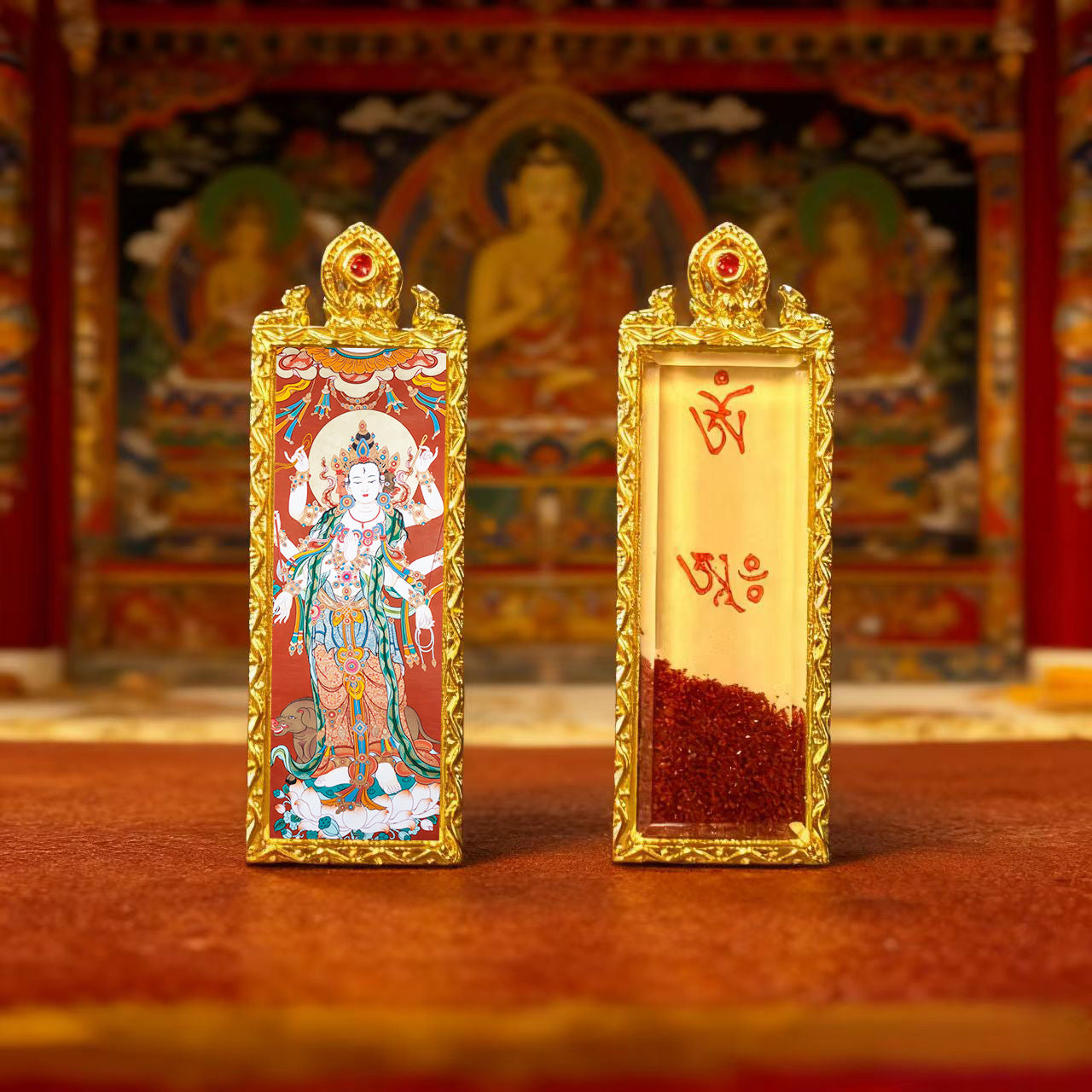 Green Tara Zhala Ram Fox Immortal Magic Double Deer Double-Sided Copper Gold-Plated Thangka Gahu Box