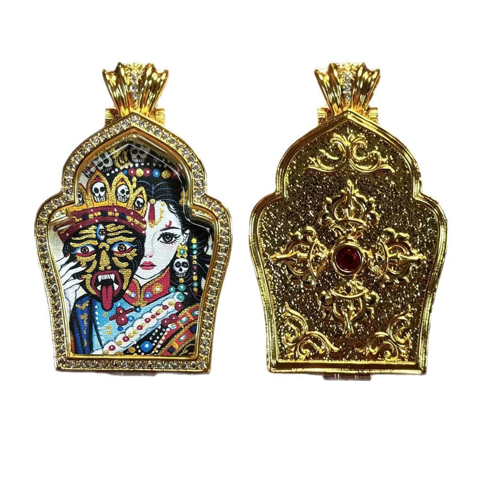 Hand-painted Gilded Green Tara and Blue Manjushri Thangka Ghavu Box Pendant Necklace, Unisex