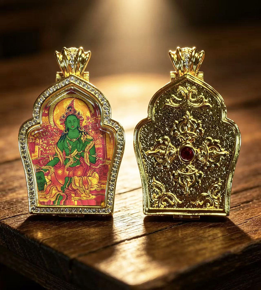 Hand-painted Gilded Green Tara and Blue Manjushri Thangka Ghavu Box Pendant Necklace, Unisex