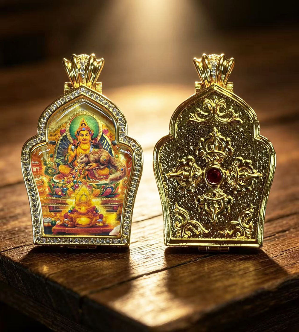Hand-painted Gilded Green Tara and Blue Manjushri Thangka Ghavu Box Pendant Necklace, Unisex