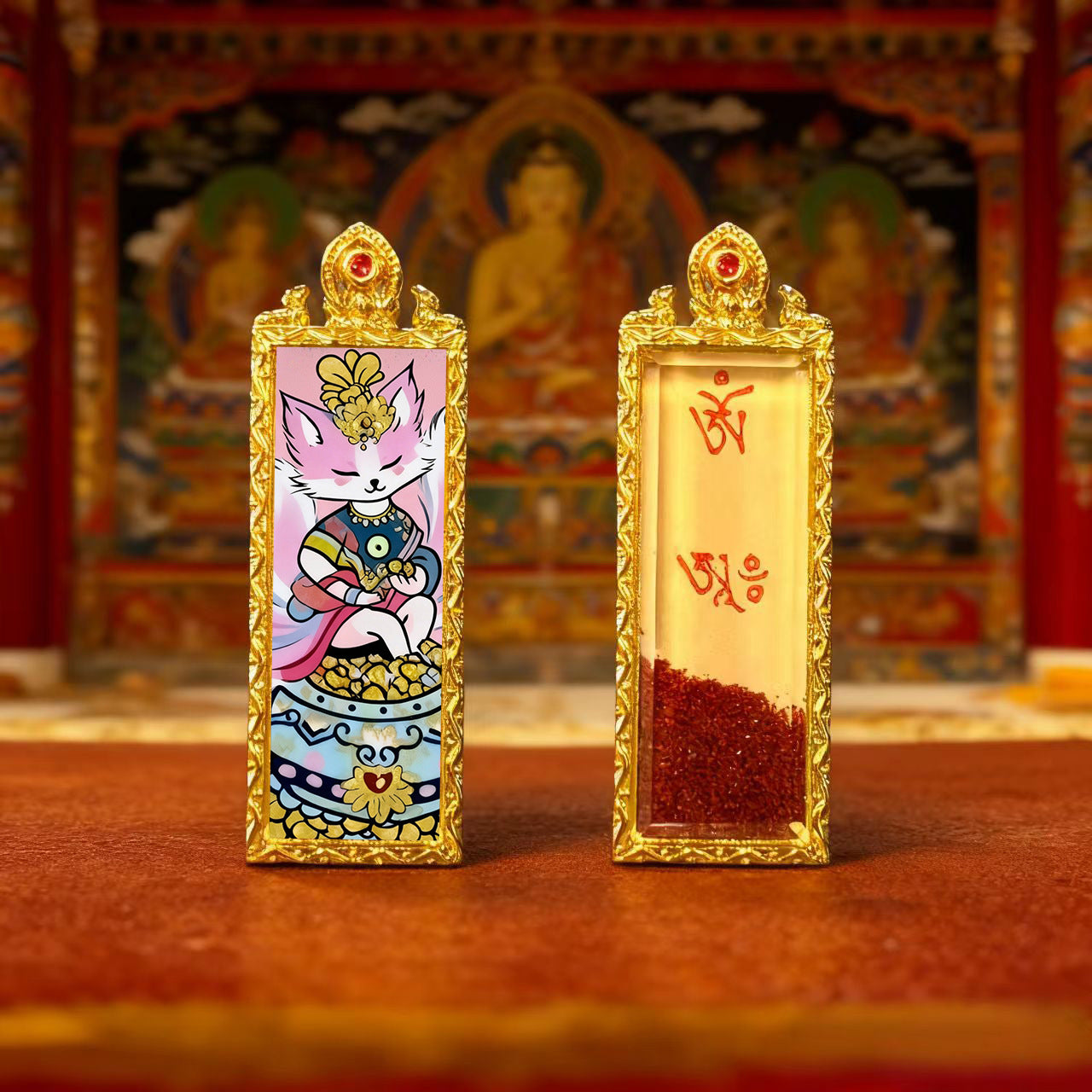 Green Tara Zhala Ram Fox Immortal Magic Double Deer Double-Sided Copper Gold-Plated Thangka Gahu Box