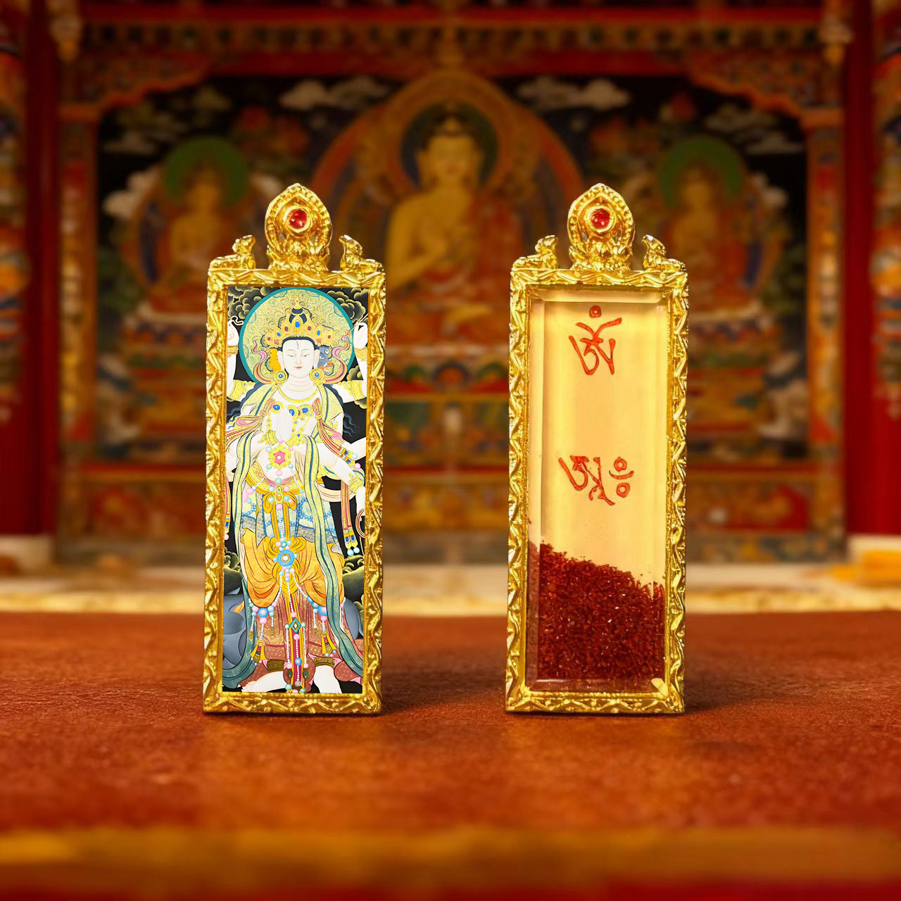 Green Tara Zhala Ram Fox Immortal Magic Double Deer Double-Sided Copper Gold-Plated Thangka Gahu Box