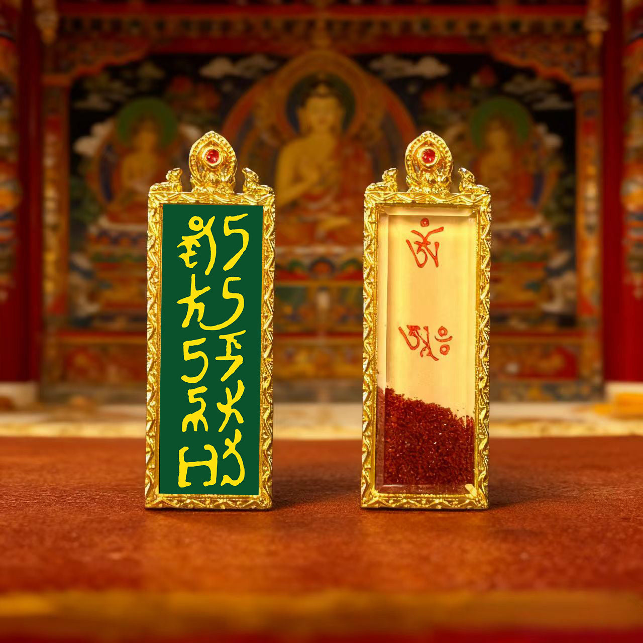Green Tara Zhala Ram Fox Immortal Magic Double Deer Double-Sided Copper Gold-Plated Thangka Gahu Box