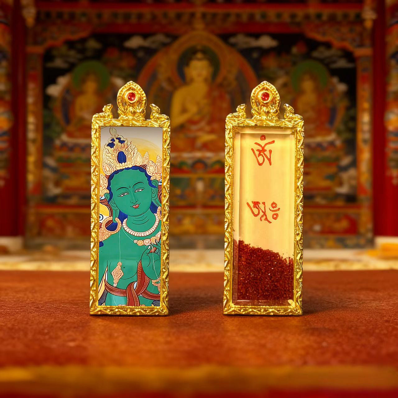 Green Tara Zhala Ram Fox Immortal Magic Double Deer Double-Sided Copper Gold-Plated Thangka Gahu Box