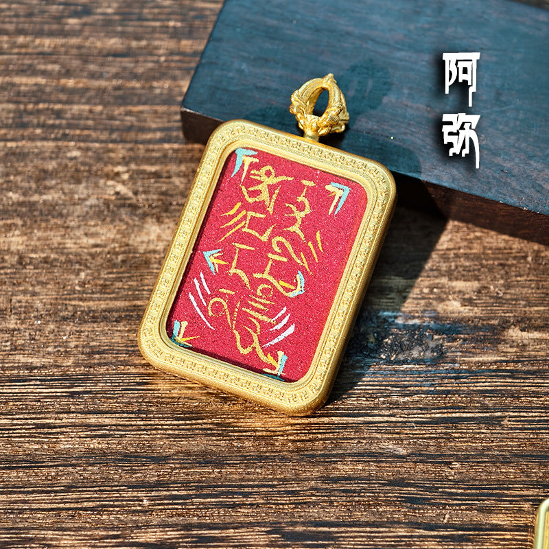Purely Hand-Painted Regong Tibetan-Style Yellow Jambhala Mantra Cinnabar Painted Thangka Necklace Pendant