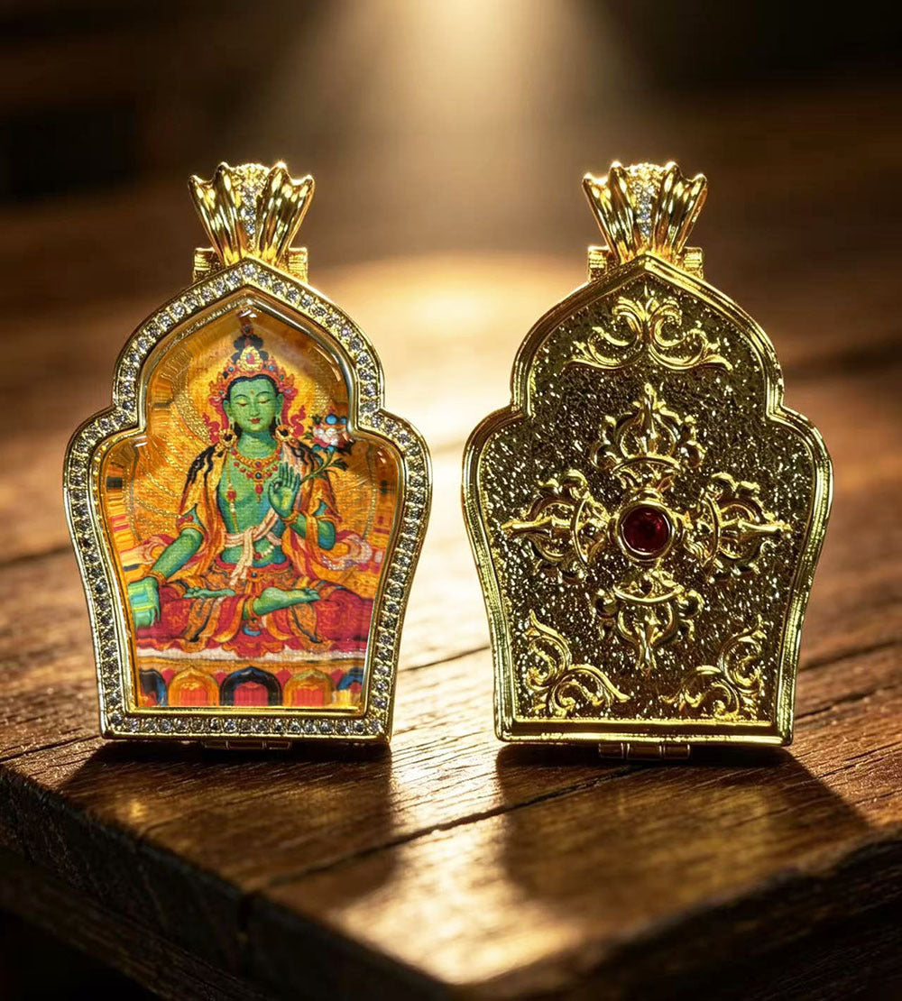 Hand-painted Gilded Green Tara and Blue Manjushri Thangka Ghavu Box Pendant Necklace, Unisex