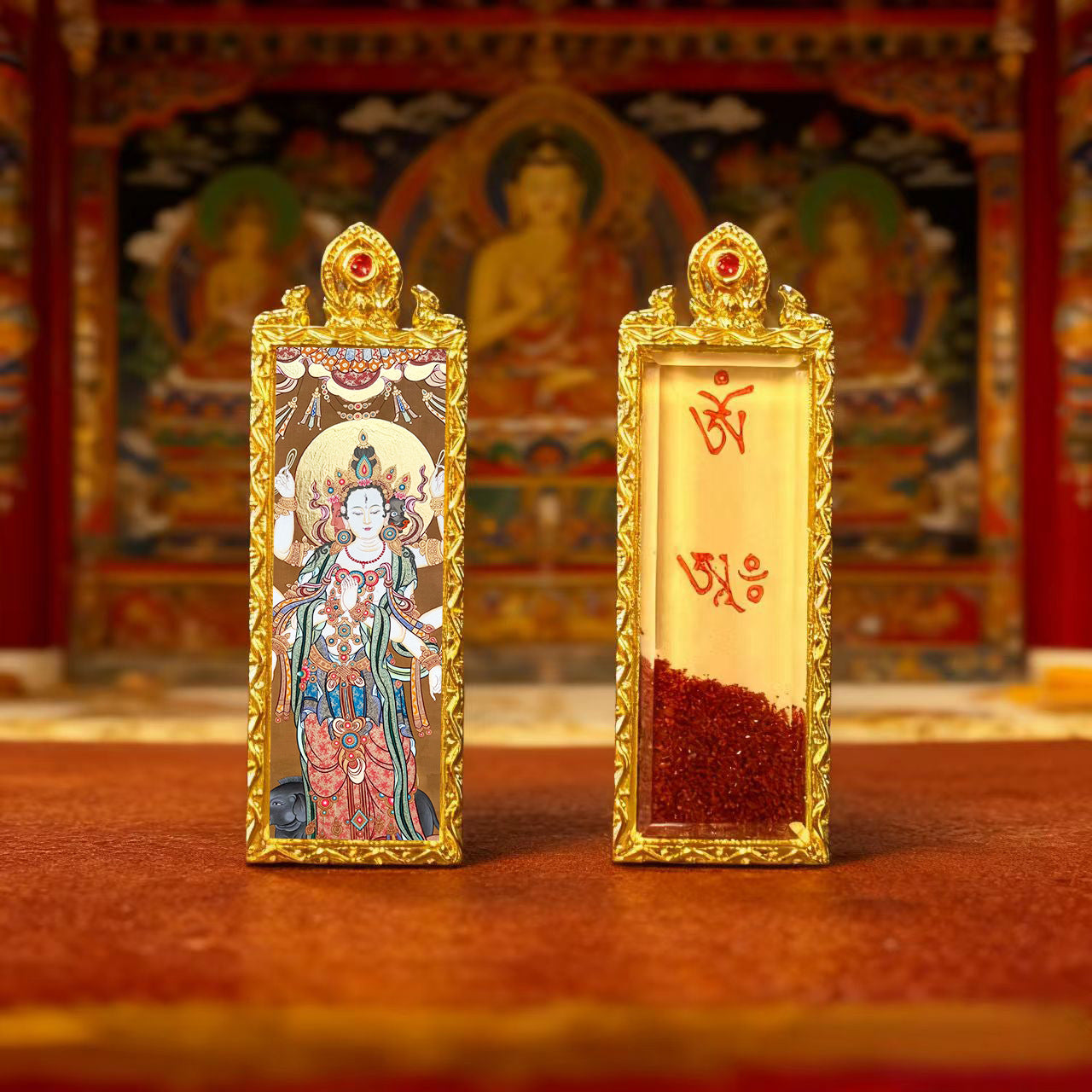 Green Tara Zhala Ram Fox Immortal Magic Double Deer Double-Sided Copper Gold-Plated Thangka Gahu Box