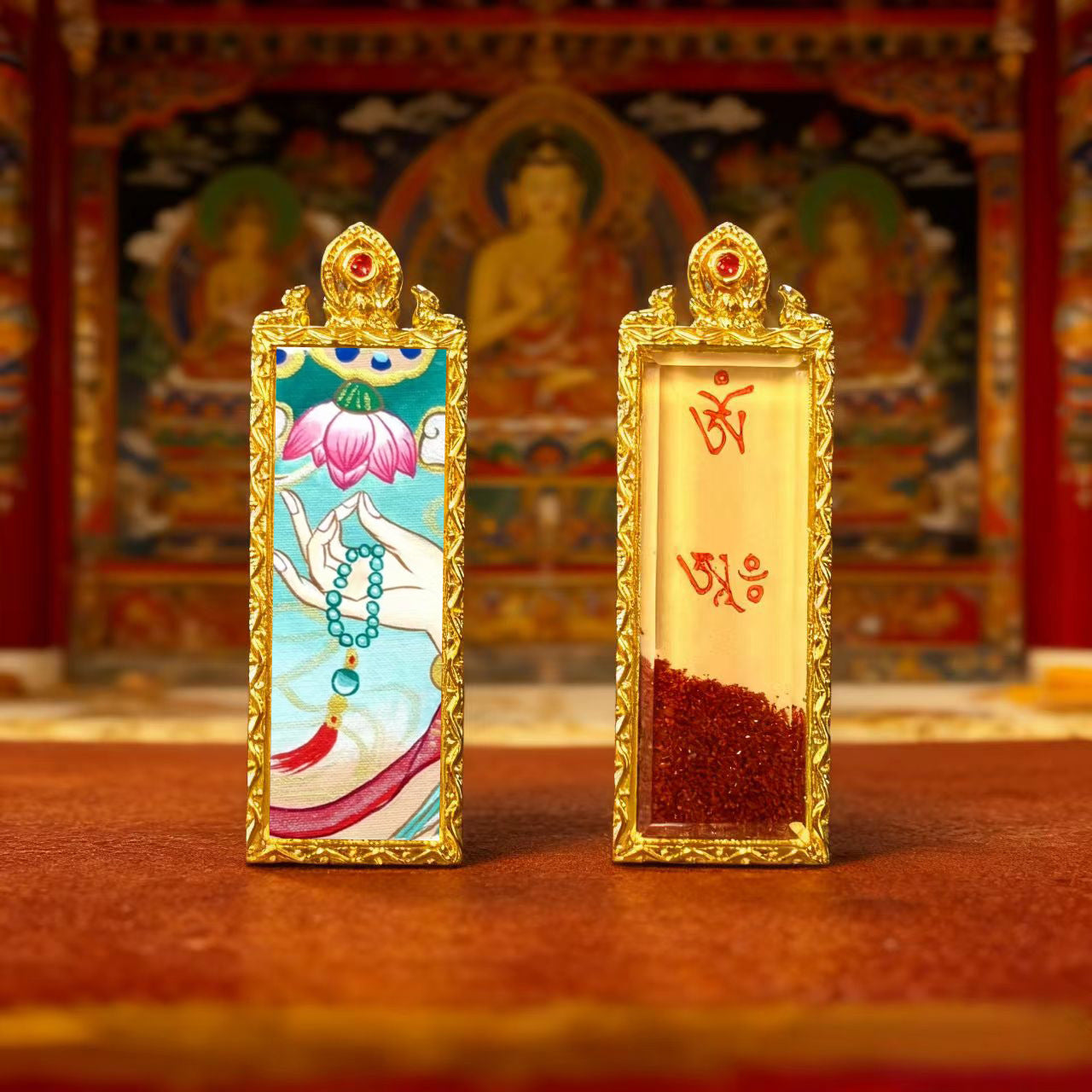 Green Tara Zhala Ram Fox Immortal Magic Double Deer Double-Sided Copper Gold-Plated Thangka Gahu Box