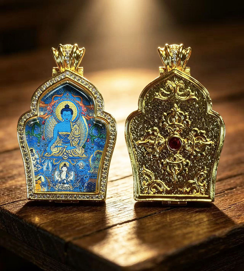 Hand-painted Gilded Green Tara and Blue Manjushri Thangka Ghavu Box Pendant Necklace, Unisex