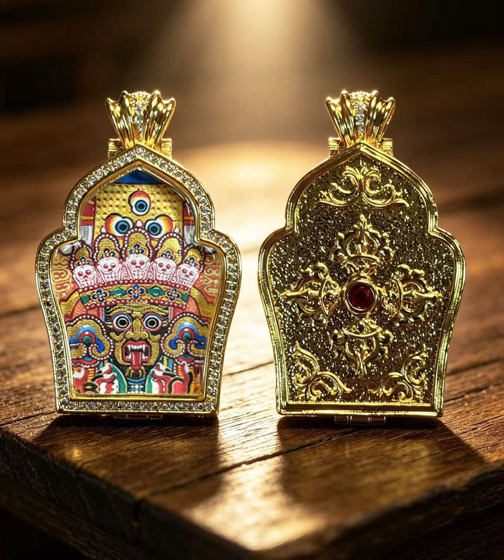 Hand-painted Gilded Green Tara and Blue Manjushri Thangka Ghavu Box Pendant Necklace, Unisex