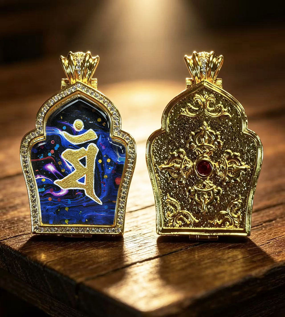 Hand-painted Gilded Green Tara and Blue Manjushri Thangka Ghavu Box Pendant Necklace, Unisex