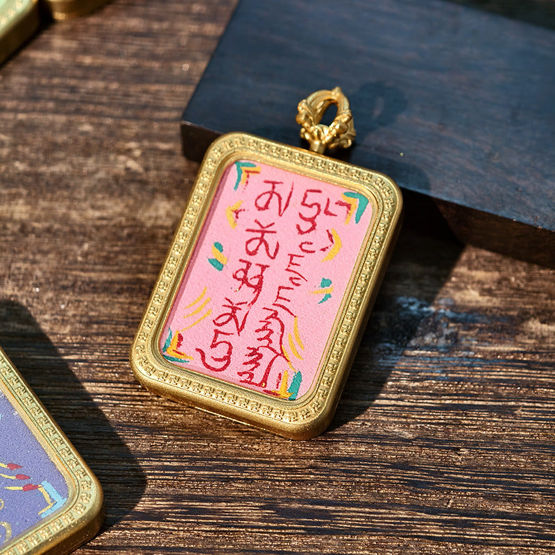 Purely Hand-Painted Regong Tibetan-Style Yellow Jambhala Mantra Cinnabar Painted Thangka Necklace Pendant