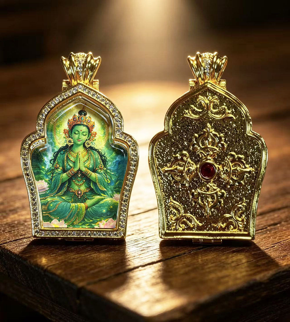 Hand-painted Gilded Green Tara and Blue Manjushri Thangka Ghavu Box Pendant Necklace, Unisex