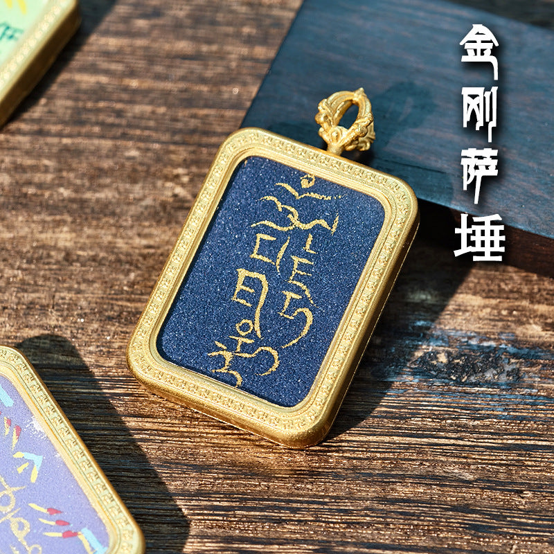 Purely Hand-Painted Regong Tibetan-Style Yellow Jambhala Mantra Cinnabar Painted Thangka Necklace Pendant