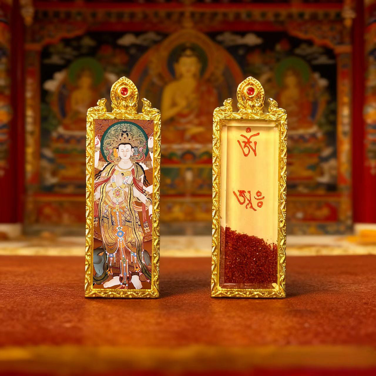 Green Tara Zhala Ram Fox Immortal Magic Double Deer Double-Sided Copper Gold-Plated Thangka Gahu Box