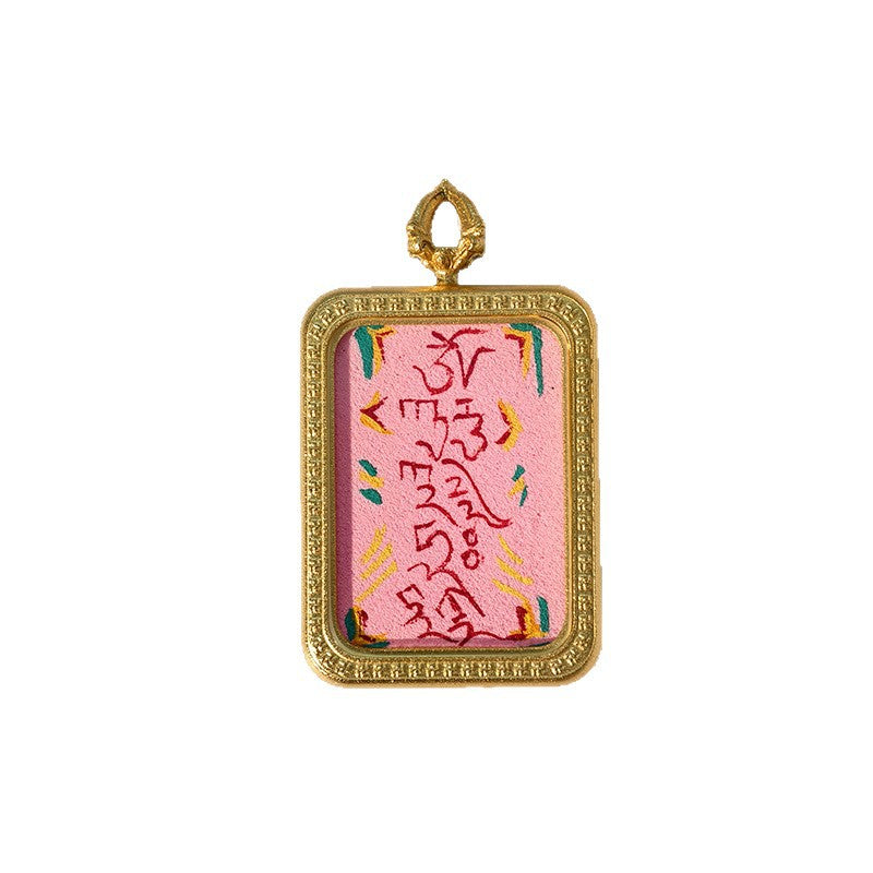 Purely Hand-Painted Regong Tibetan-Style Yellow Jambhala Mantra Cinnabar Painted Thangka Necklace Pendant