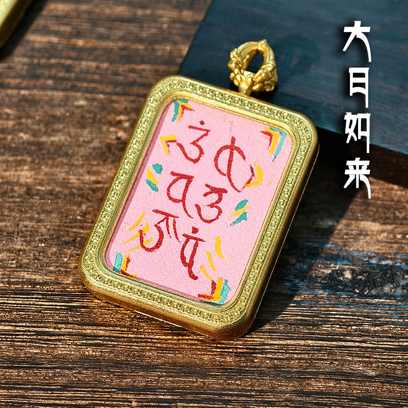 Purely Hand-Painted Regong Tibetan-Style Yellow Jambhala Mantra Cinnabar Painted Thangka Necklace Pendant