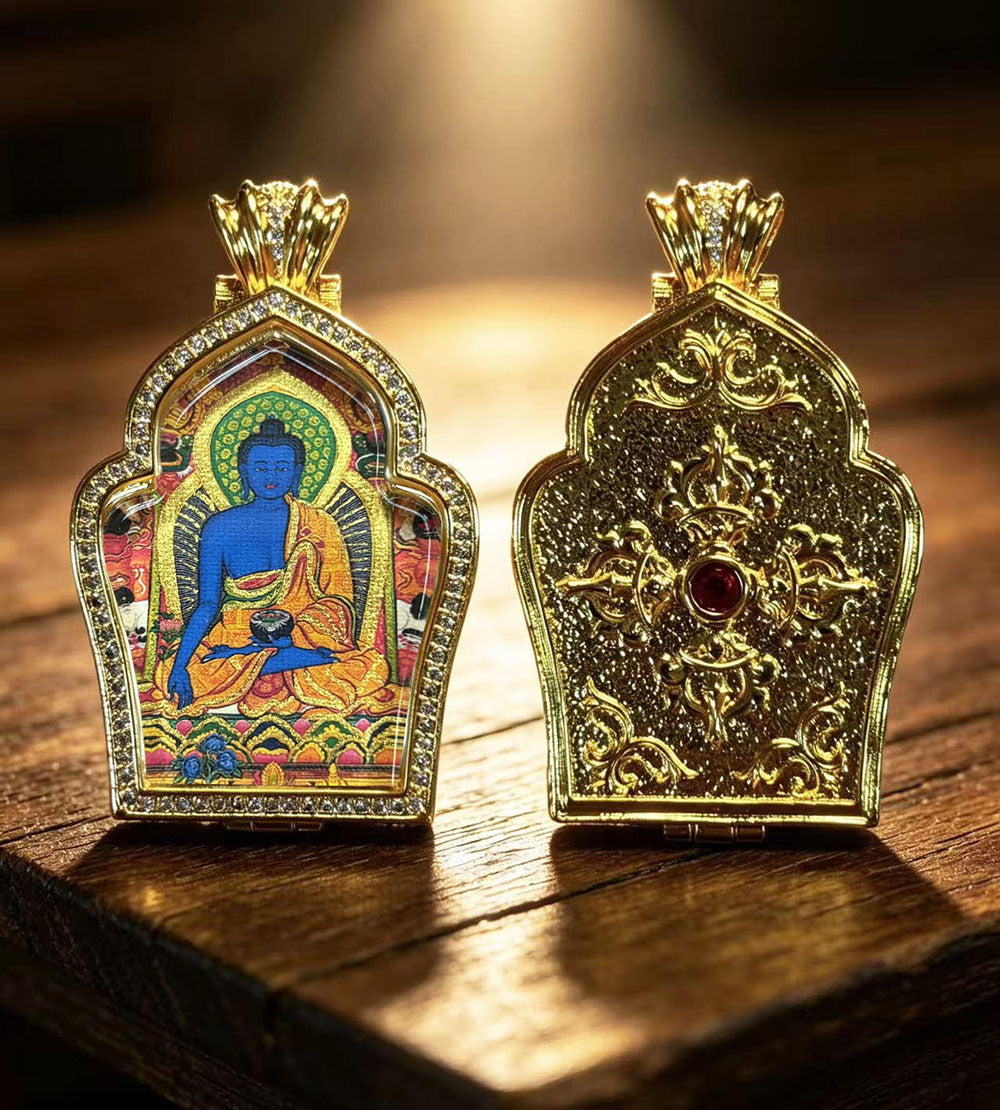 Hand-painted Gilded Green Tara and Blue Manjushri Thangka Ghavu Box Pendant Necklace, Unisex