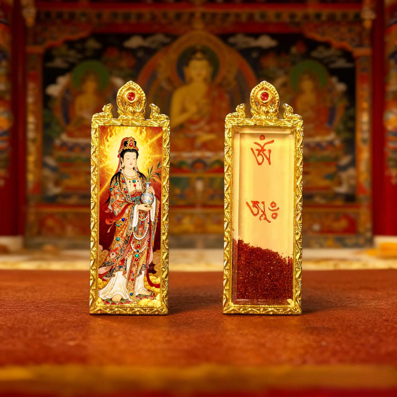 Green Tara Zhala Ram Fox Immortal Magic Double Deer Double-Sided Copper Gold-Plated Thangka Gahu Box