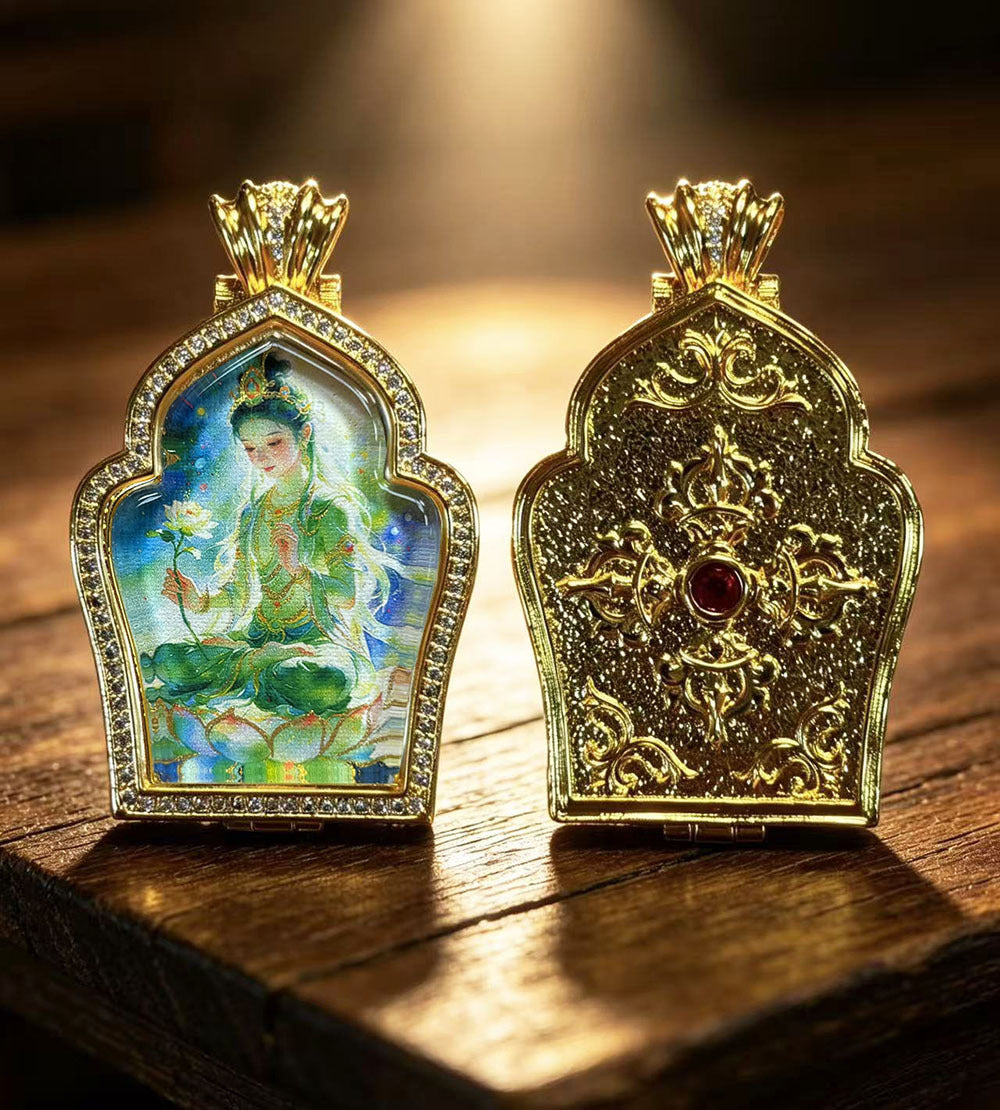 Hand-painted Gilded Green Tara and Blue Manjushri Thangka Ghavu Box Pendant Necklace, Unisex