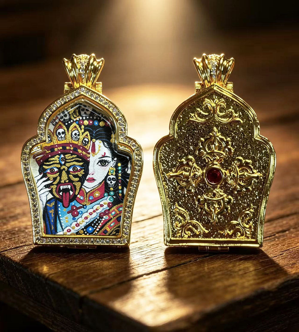 Hand-painted Gilded Green Tara and Blue Manjushri Thangka Ghavu Box Pendant Necklace, Unisex