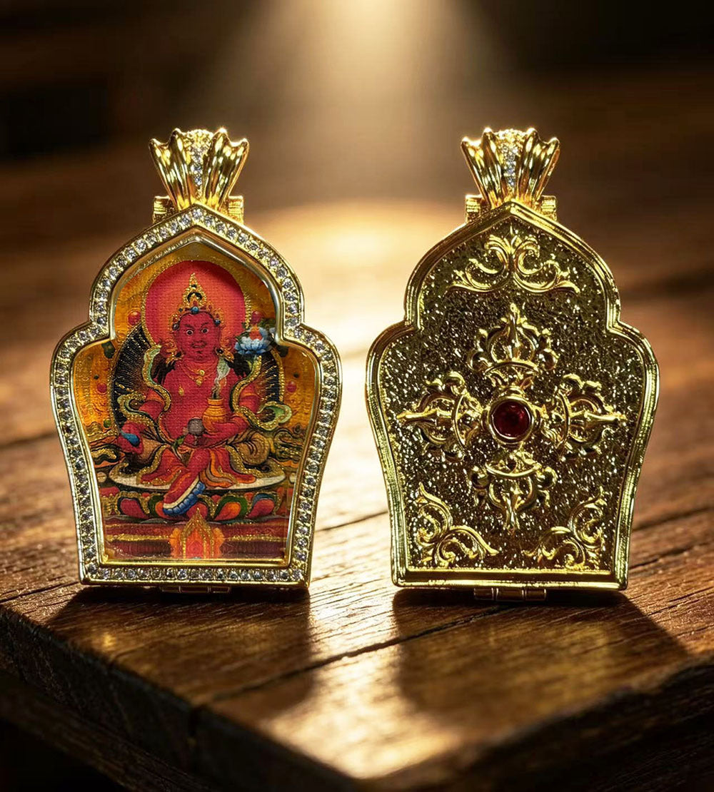 Hand-painted Gilded Green Tara and Blue Manjushri Thangka Ghavu Box Pendant Necklace, Unisex