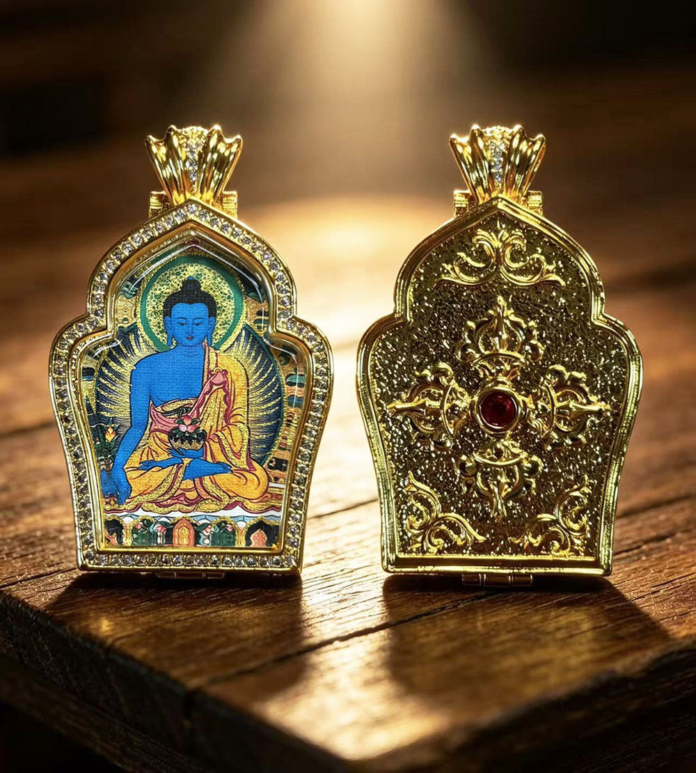 Hand-painted Gilded Green Tara and Blue Manjushri Thangka Ghavu Box Pendant Necklace, Unisex