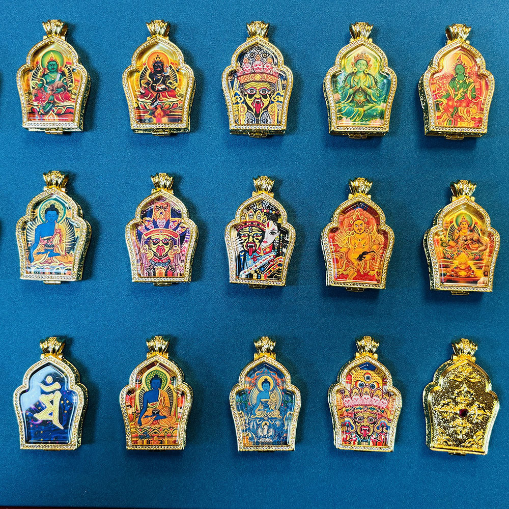 Hand-painted Gilded Green Tara and Blue Manjushri Thangka Ghavu Box Pendant Necklace, Unisex