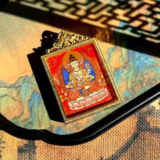 典藏—热贡纯手绘唐卡八大生肖守护大势至-马年红唐