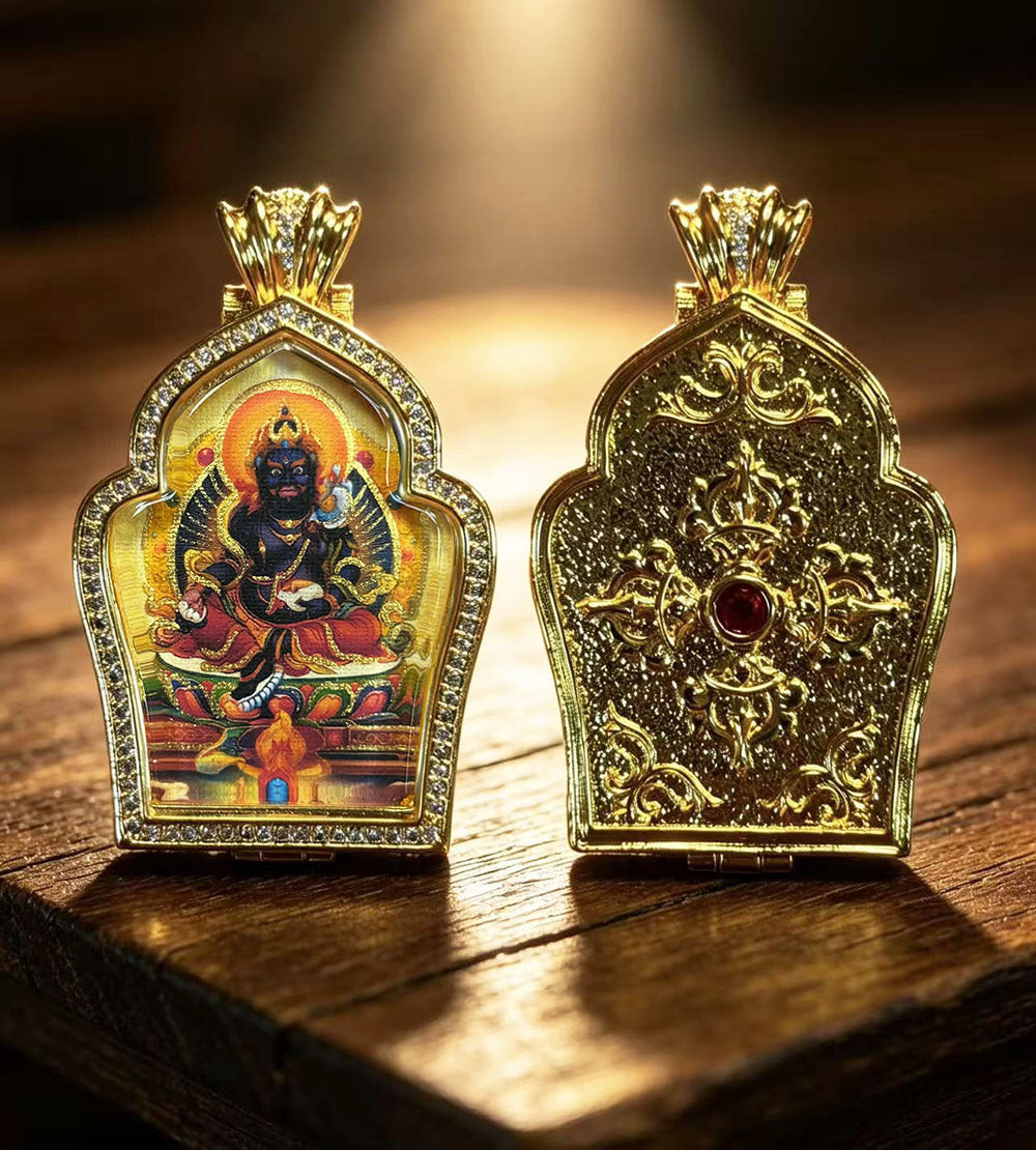 Hand-painted Gilded Green Tara and Blue Manjushri Thangka Ghavu Box Pendant Necklace, Unisex