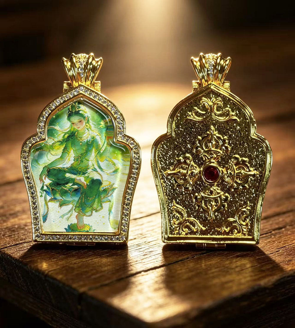 Hand-painted Gilded Green Tara and Blue Manjushri Thangka Ghavu Box Pendant Necklace, Unisex