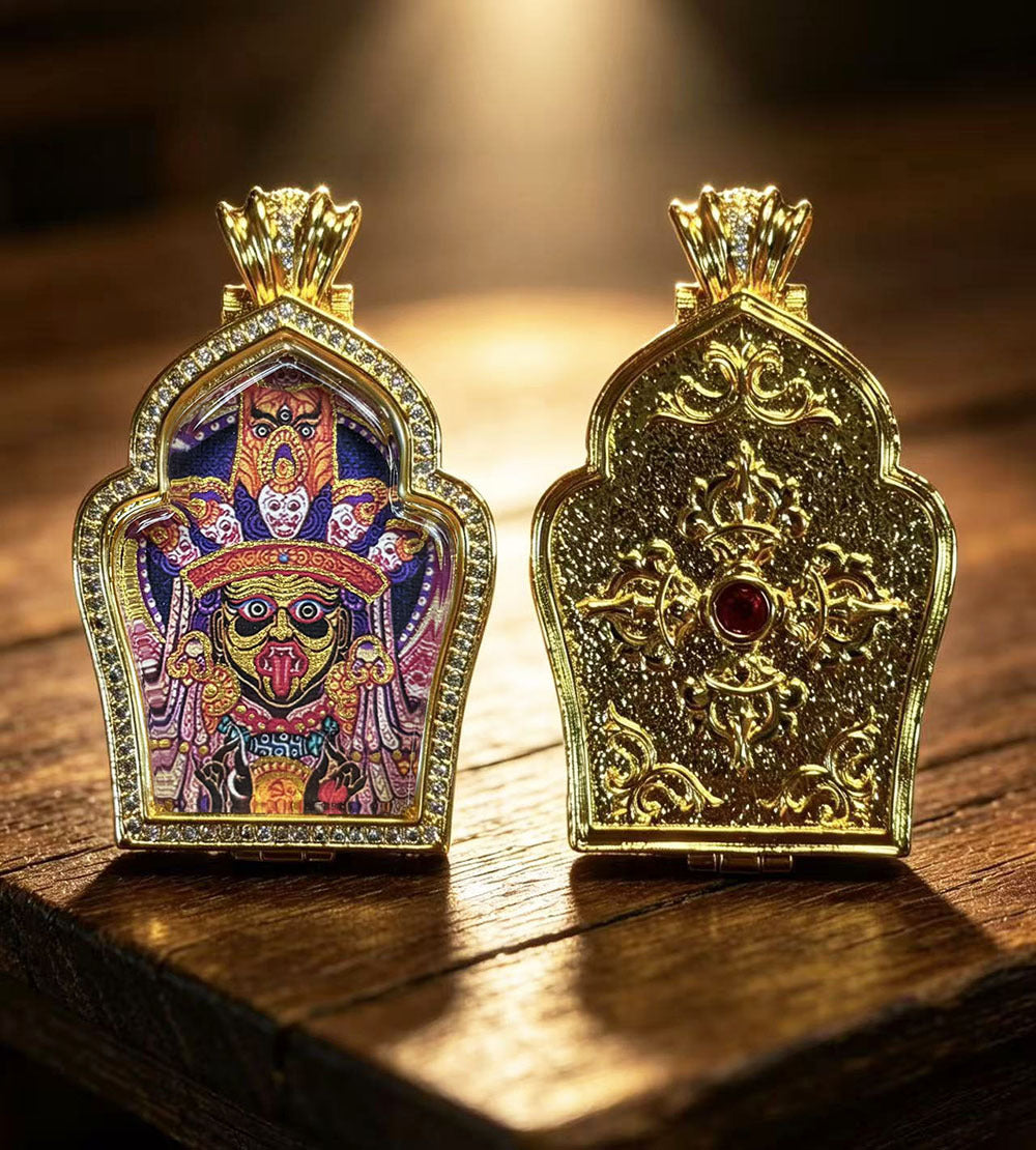 Hand-painted Gilded Green Tara and Blue Manjushri Thangka Ghavu Box Pendant Necklace, Unisex