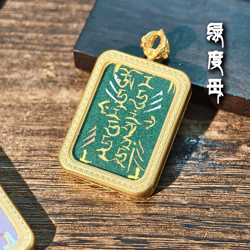 Purely Hand-Painted Regong Tibetan-Style Yellow Jambhala Mantra Cinnabar Painted Thangka Necklace Pendant