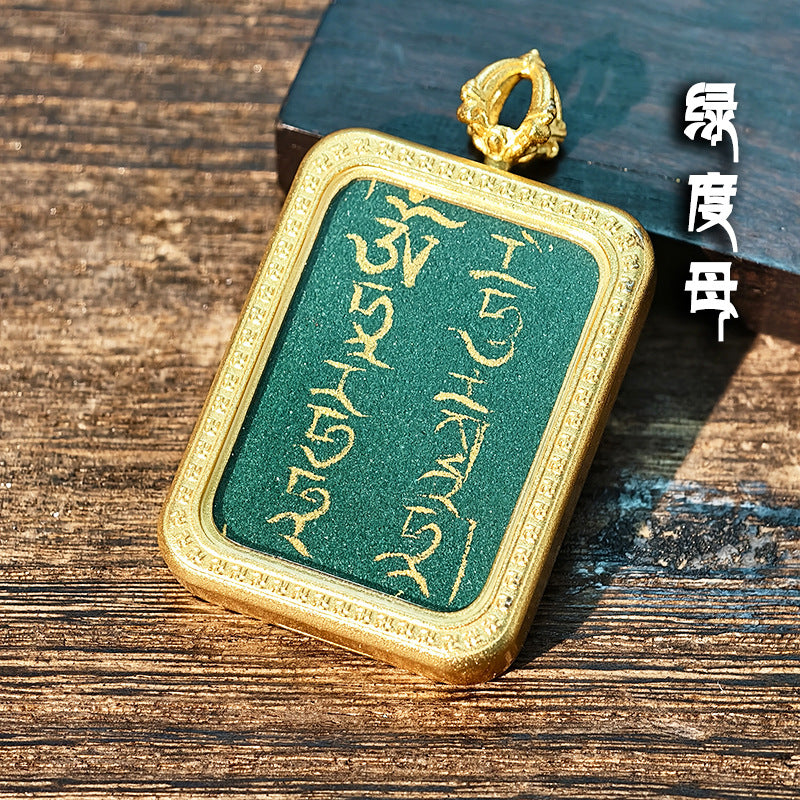 Purely Hand-Painted Regong Tibetan-Style Yellow Jambhala Mantra Cinnabar Painted Thangka Necklace Pendant