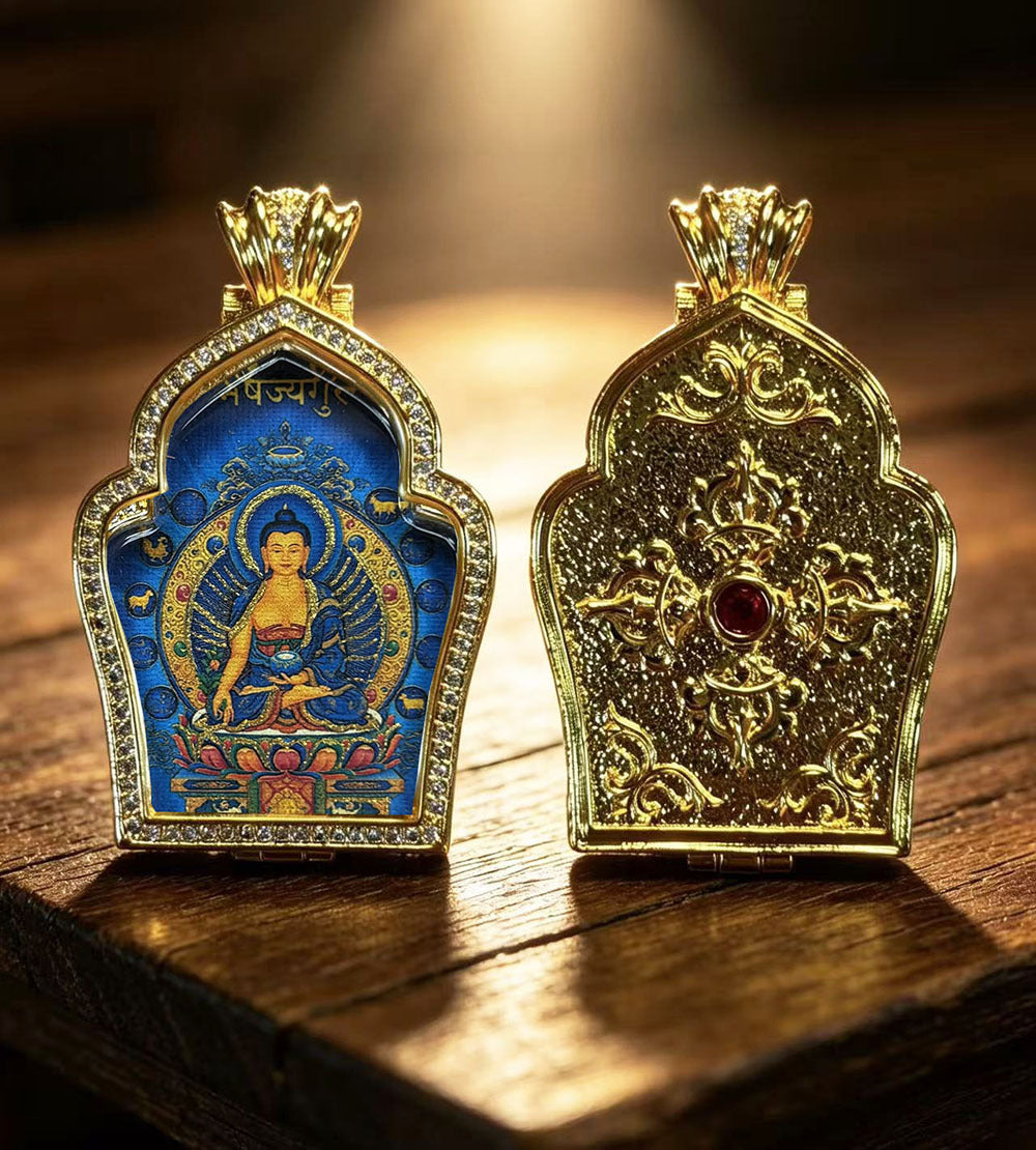 Hand-painted Gilded Green Tara and Blue Manjushri Thangka Ghavu Box Pendant Necklace, Unisex