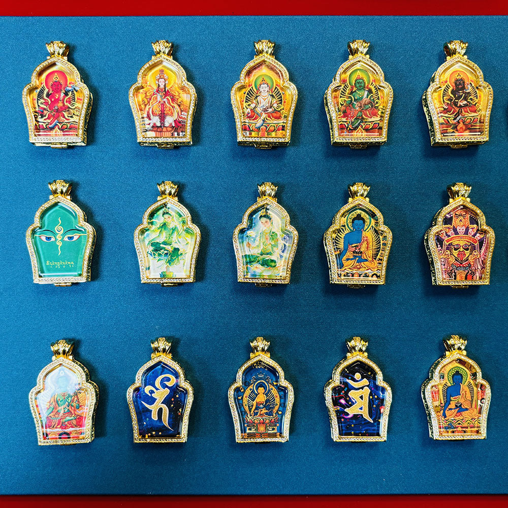 Hand-painted Gilded Green Tara and Blue Manjushri Thangka Ghavu Box Pendant Necklace, Unisex