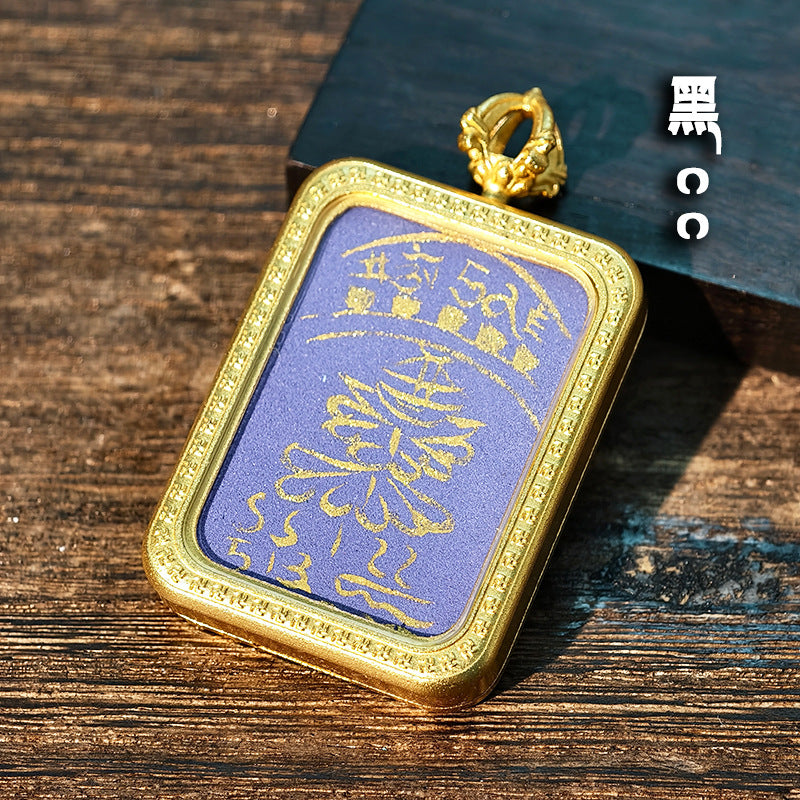 Purely Hand-Painted Regong Tibetan-Style Yellow Jambhala Mantra Cinnabar Painted Thangka Necklace Pendant