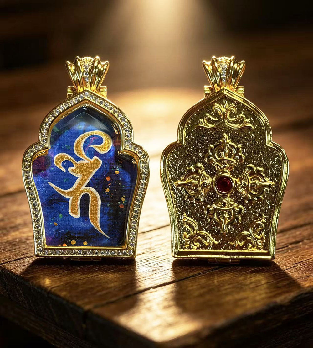 Hand-painted Gilded Green Tara and Blue Manjushri Thangka Ghavu Box Pendant Necklace, Unisex